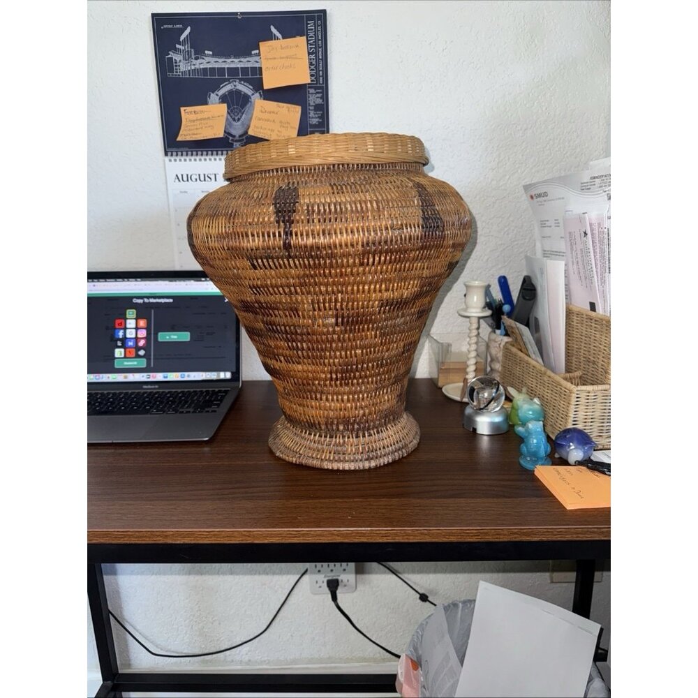 ANTIQUE HAND WOVEN 15.5” Tall Philippine COIL BASKET WITH LID African Tribal - Picture 12 of 12